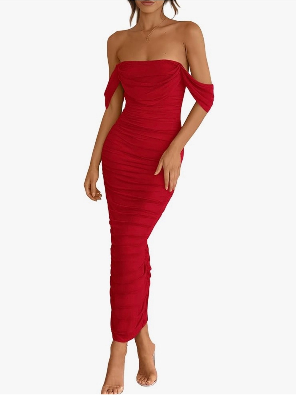 Strapless Red Ruched Bodycon Maxi Dress